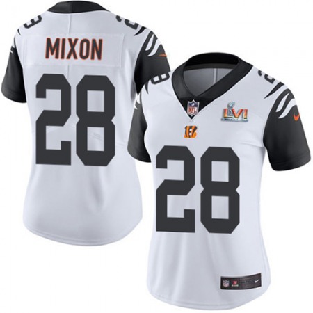 Nike Bengals #28 Joe Mixon White Super Bowl LVI Patch Women's Stitched NFL Limited Rush Jersey