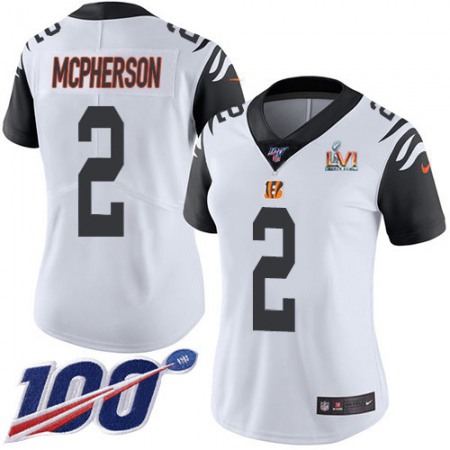 Nike Bengals #2 Evan McPherson White Super Bowl LVI Patch Women's Stitched NFL Limited Rush 100th Season Jersey