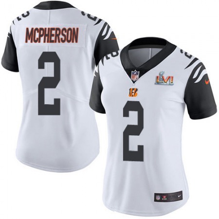 Nike Bengals #2 Evan McPherson White Super Bowl LVI Patch Women's Stitched NFL Limited Rush Jersey