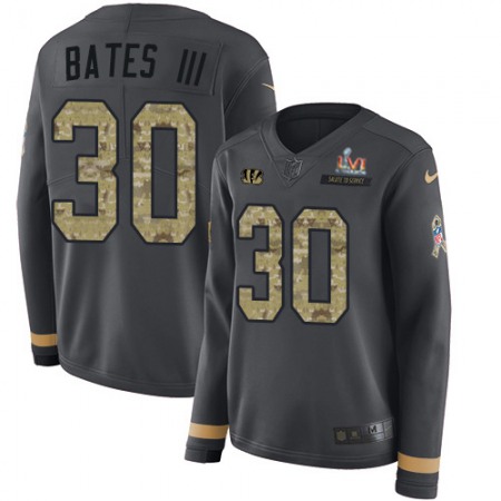 Nike Bengals #30 Jessie Bates Anthracite Super Bowl LVI Patch Salute to Service Women's Stitched NFL Limited Therma Long Sleeve Jersey