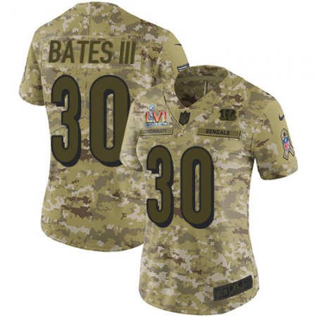 Nike Bengals #30 Jessie Bates III Camo Super Bowl LVI Patch Women's Stitched NFL Limited 2018 Salute To Service Jersey