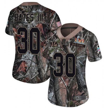 Nike Bengals #30 Jessie Bates III Camo Super Bowl LVI Patch Women's Stitched NFL Limited Rush Realtree Jersey