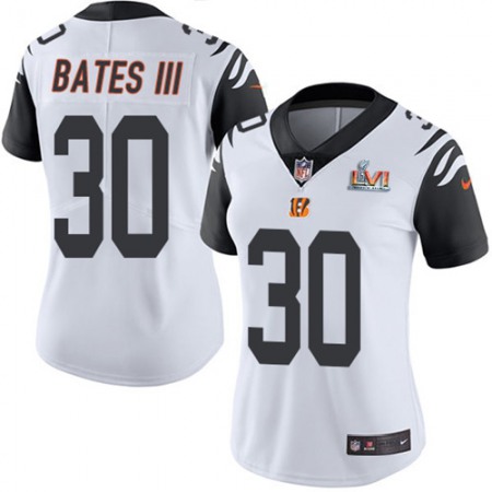 Nike Bengals #30 Jessie Bates III White Super Bowl LVI Patch Women's Stitched NFL Limited Rush Jersey
