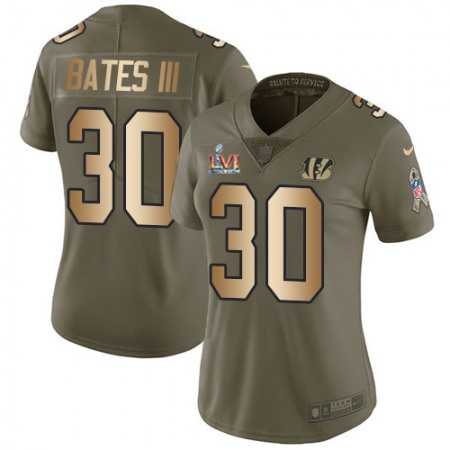Nike Bengals #30 Jessie Bates Olive/Gold Super Bowl LVI Patch Women's Stitched NFL Limited 2017 Salute To Service Jersey
