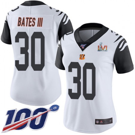 Nike Bengals #30 Jessie Bates White Super Bowl LVI Patch Women's Stitched NFL Limited Rush 100th Season Jersey