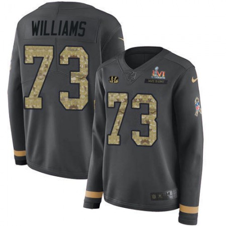Nike Bengals #73 Jonah Williams Anthracite Super Bowl LVI Patch Salute to Service Women's Stitched NFL Limited Therma Long Sleeve Jersey