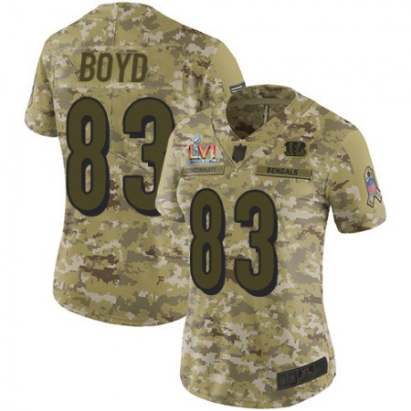 Nike Bengals #83 Tyler Boyd Camo Super Bowl LVI Patch Women's Stitched NFL Limited 2018 Salute To Service Jersey