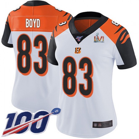 Nike Bengals #83 Tyler Boyd White Super Bowl LVI Patch Women's Stitched NFL 100th Season Vapor Untouchable Limited Jersey