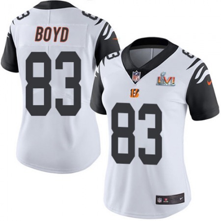 Nike Bengals #83 Tyler Boyd White Super Bowl LVI Patch Women's Stitched NFL Limited Rush Jersey