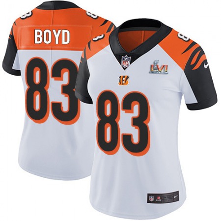 Nike Bengals #83 Tyler Boyd White Super Bowl LVI Patch Women's Stitched NFL Vapor Untouchable Limited Jersey