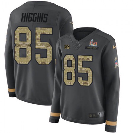 Nike Bengals #85 Tee Higgins Anthracite Super Bowl LVI Patch Salute to Service Women's Stitched NFL Limited Therma Long Sleeve Jersey