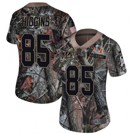 Nike Bengals #85 Tee Higgins Camo Super Bowl LVI Patch Women's Stitched NFL Limited Rush Realtree Jersey