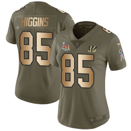 Nike Bengals #85 Tee Higgins Olive/Gold Super Bowl LVI Patch Women's Stitched NFL Limited 2017 Salute To Service Jersey