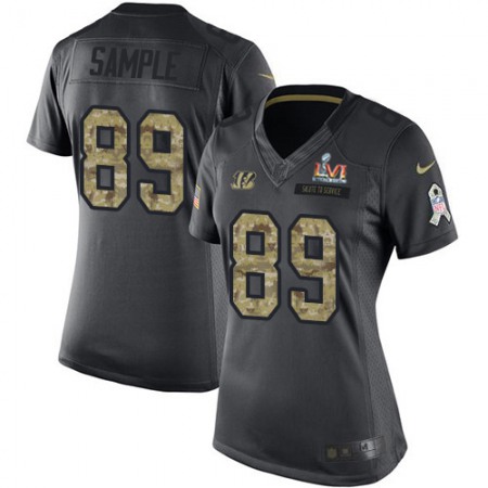 Nike Bengals #89 Drew Sample Black Super Bowl LVI Patch Women's Stitched NFL Limited 2016 Salute to Service Jersey