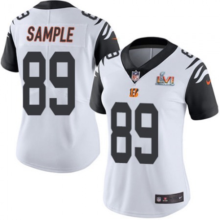 Nike Bengals #89 Drew Sample White Super Bowl LVI Patch Women's Stitched NFL Limited Rush Jersey