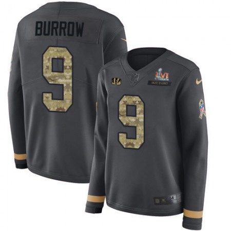 Nike Bengals #9 Joe Burrow Anthracite Super Bowl LVI Patch Salute to Service Women's Stitched NFL Limited Therma Long Sleeve Jersey