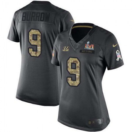 Nike Bengals #9 Joe Burrow Black Super Bowl LVI Patch Women's Stitched NFL Limited 2016 Salute to Service Jersey