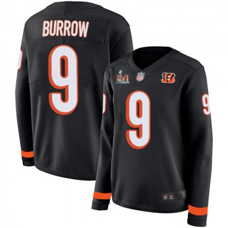 Nike Bengals #9 Joe Burrow Black Team Color Super Bowl LVI Patch Women's Stitched NFL Limited Therma Long Sleeve Jersey