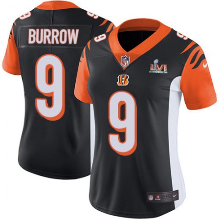 Nike Bengals #9 Joe Burrow Black Team Color Super Bowl LVI Patch Women's Stitched NFL Vapor Untouchable Limited Jersey