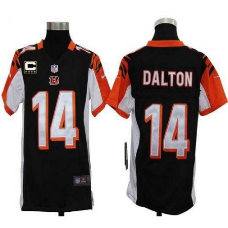 Nike Bengals #14 Andy Dalton Black Team Color With C Patch Youth Stitched NFL Elite Jersey