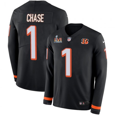 Nike Bengals #1 Ja'Marr Chase Black Team Color Super Bowl LVI Patch Youth Stitched NFL Limited Therma Long Sleeve Jersey