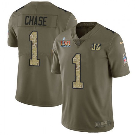 Nike Bengals #1 Ja'Marr Chase Olive/Camo Youth Super Bowl LVI Patch Stitched NFL Limited 2017 Salute To Service Jersey