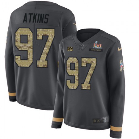 Nike Bengals #97 Geno Atkins Anthracite Super Bowl LVI Patch Salute to Service Women's Stitched NFL Limited Therma Long Sleeve Jersey