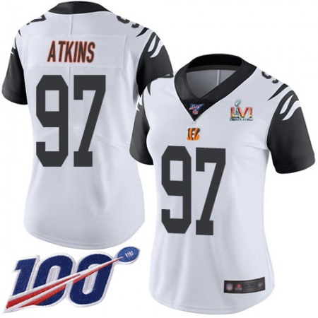 Nike Bengals #97 Geno Atkins White Super Bowl LVI Patch Women's Stitched NFL Limited Rush 100th Season Jersey