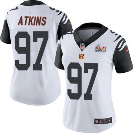 Nike Bengals #97 Geno Atkins White Super Bowl LVI Patch Women's Stitched NFL Limited Rush Jersey