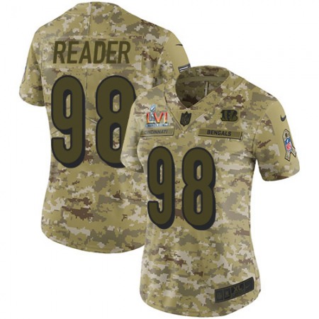 Nike Bengals #98 D.J. Reader Camo Super Bowl LVI Patch Women's Stitched NFL Limited 2018 Salute To Service Jersey