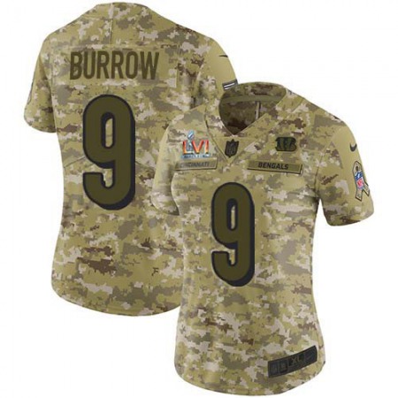 Nike Bengals #9 Joe Burrow Camo Super Bowl LVI Patch Women's Stitched NFL Limited 2018 Salute To Service Jersey