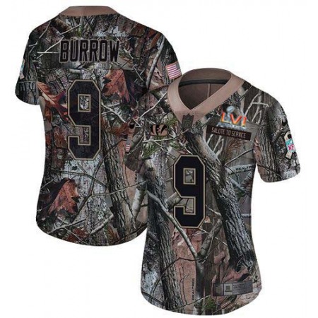 Nike Bengals #9 Joe Burrow Camo Super Bowl LVI Patch Women's Stitched NFL Limited Rush Realtree Jersey