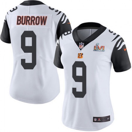 Nike Bengals #9 Joe Burrow White Super Bowl LVI Patch Women's Stitched NFL Limited Rush Jersey