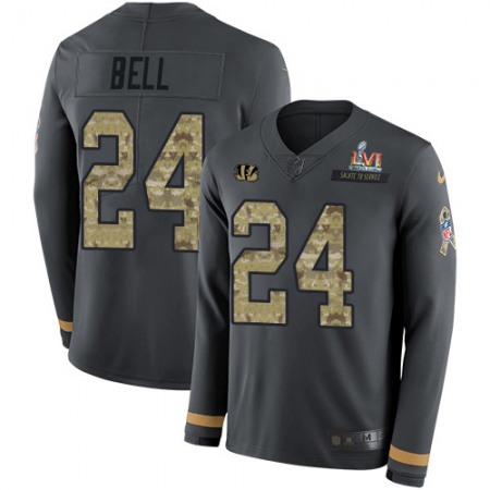 Nike Bengals #24 Vonn Bell Anthracite Super Bowl LVI Patch Salute to Service Youth Stitched NFL Limited Therma Long Sleeve Jersey