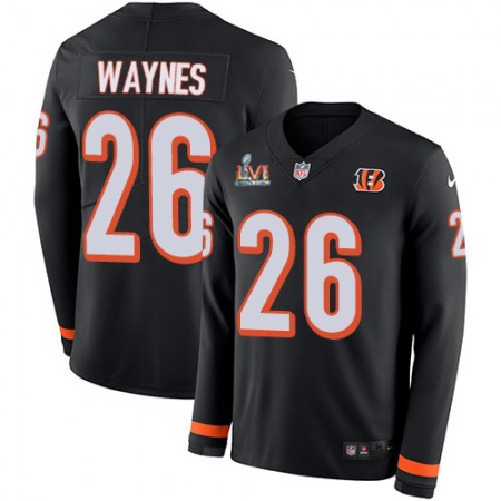 Nike Bengals #26 Trae Waynes Black Team Color Super Bowl LVI Patch Youth Stitched NFL Limited Therma Long Sleeve Jersey
