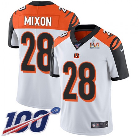 Nike Bengals #28 Joe Mixon White Super Bowl LVI Patch Youth Stitched NFL 100th Season Vapor Limited Jersey