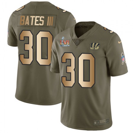 Nike Bengals #30 Jessie Bates III Olive/Gold Super Bowl LVI Patch Youth Stitched NFL Limited 2017 Salute To Service Jersey