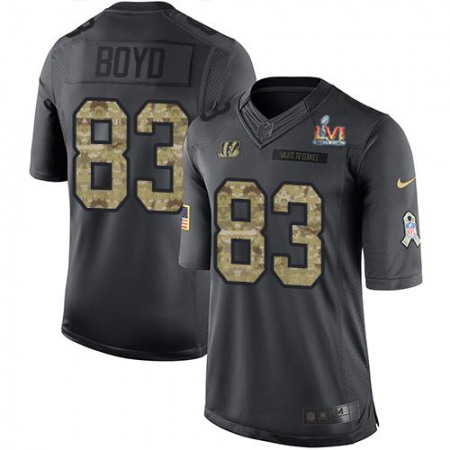 Nike Bengals #83 Tyler Boyd Black Team Color Super Bowl LVI Patch Youth Stitched NFL Limited Therma Long Sleeve Jersey