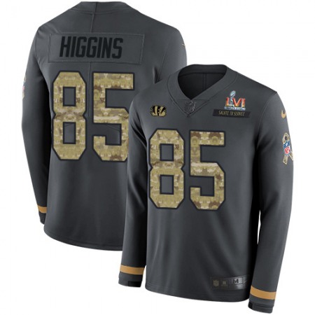 Nike Bengals #85 Tee Higgins Anthracite Super Bowl LVI Patch Salute to Service Youth Stitched NFL Limited Therma Long Sleeve Jersey