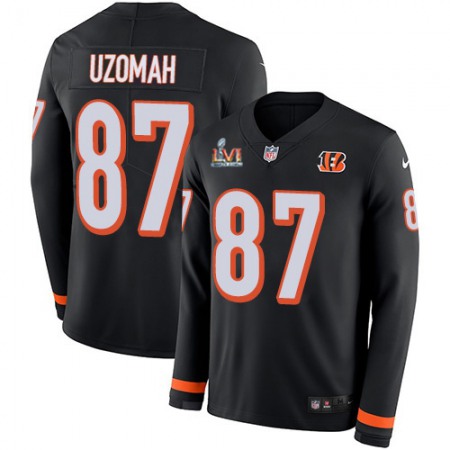 Nike Bengals #87 C.J. Uzomah Black Team Color Super Bowl LVI Patch Youth Stitched NFL Limited Therma Long Sleeve Jersey