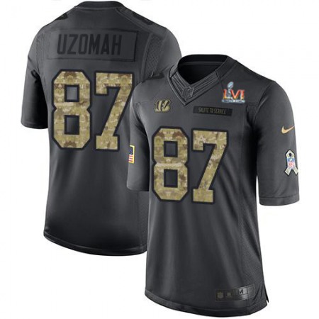 Nike Bengals #87 C.J. Uzomah Black Team Color Super Bowl LVI Patch Youth Stitched NFL Limited Therma Long Sleeve Jersey