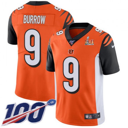 Nike Bengals #9 Joe Burrow Orange Super Bowl LVI Patch Alternate Youth Stitched NFL 100th Season Vapor Limited Jersey