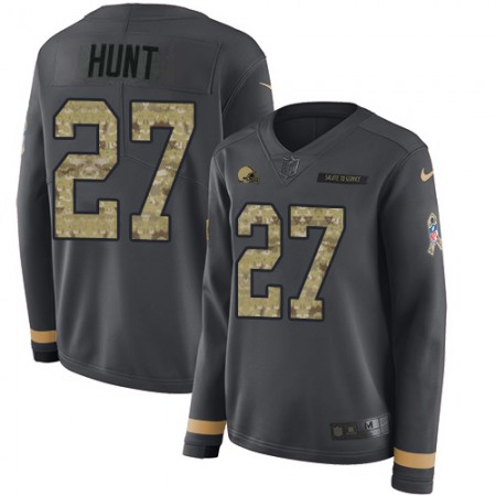 Nike Browns #27 Kareem Hunt Anthracite Salute to Service Women's Stitched NFL Limited Therma Long Sleeve Jersey