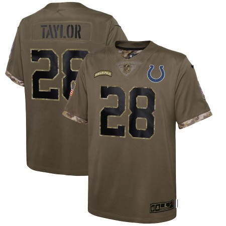 Indianapolis Colts #28 Jonathan Taylor Nike Youth 2022 Salute To Service Limited Jersey - Olive