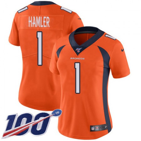 Nike Broncos #1 KJ Hamler Orange Team Color Women's Stitched NFL 100th Season Vapor Untouchable Limited Jersey