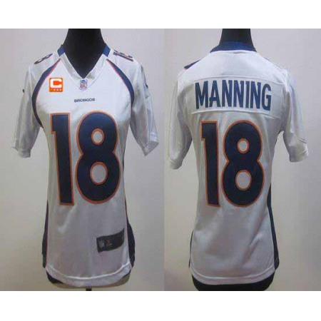 Nike Broncos #18 Peyton Manning White With C Patch Women's Stitched NFL Elite Jersey