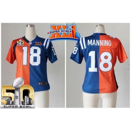 Nike Colts #18 Peyton Manning Orange/Blue Super Bowl XLI & Super Bowl 50 Women's Stitched NFL Elite Split Broncos Jersey
