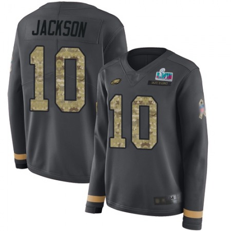 Nike Eagles #10 DeSean Jackson Anthracite Super Bowl LVII Patch Salute to Service Women's Stitched NFL Limited Therma Long Sleeve Jersey