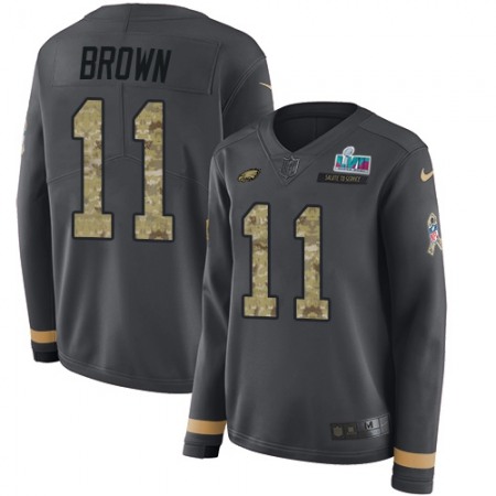 Nike Eagles #11 A.J. Brown Anthracite Salute to Service Super Bowl LVII Patch Women's Stitched NFL Limited Therma Long Sleeve Jersey