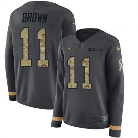 Nike Eagles #11 A.J. Brown Anthracite Salute to Service Women's Stitched NFL Limited Therma Long Sleeve Jersey